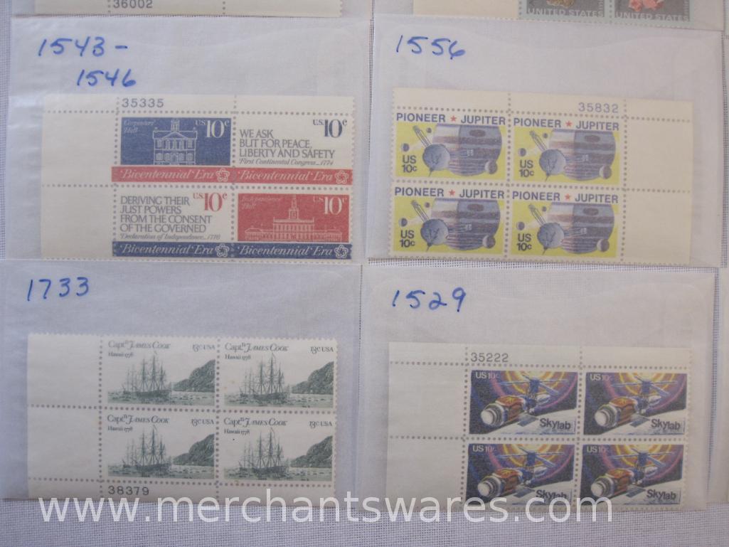 Twelve Blocks of US Postage Stamps including 13c Capt James Cook (1733), 8c Prevent Drug Abuse