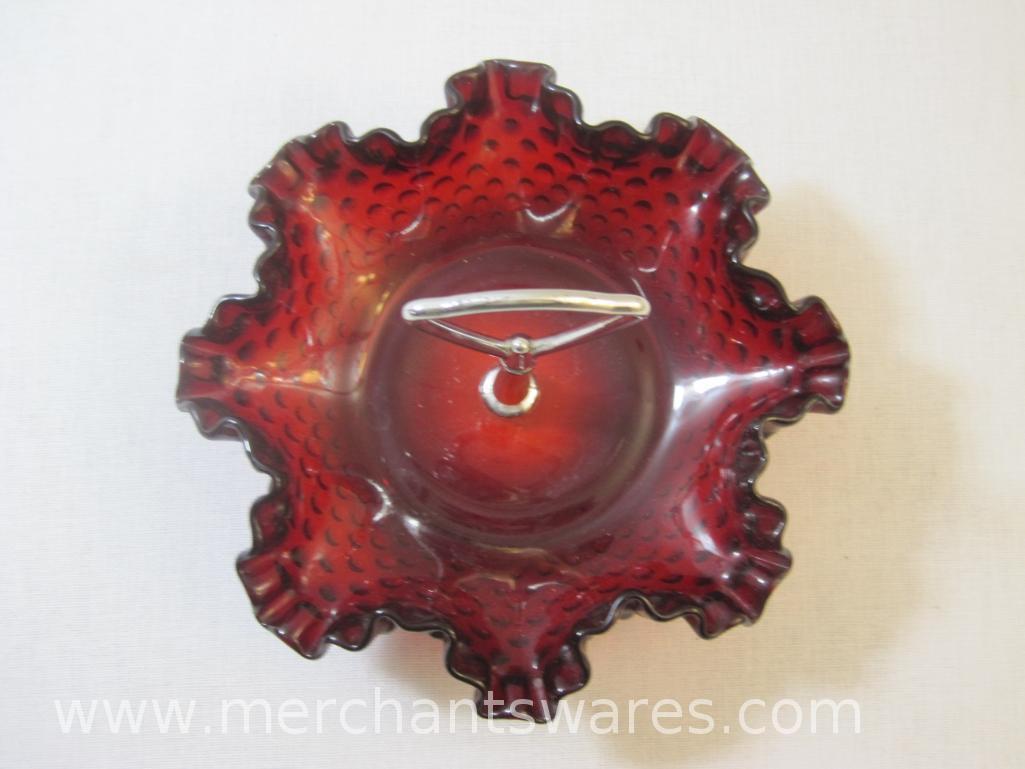 Fenton Red Hobnail Ruffled Glass Candy/Nut Dish with Handle, stamped, 1 lb 9 oz