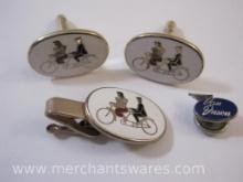 Gold Tone Bicycle Built for Two Tie Clip and Cuff Links Set and Sterling Silver Van Dusen Tie Tack