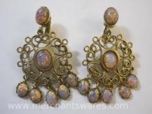 Gold Tone Filigree Clip-On Earrings with Faux Opal Accents