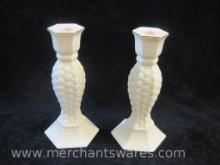 Pair of Lefton Ceramic Basketweave Candlesticks, 1999, 1 lb 10 oz