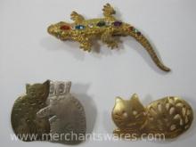 Three Animal Pins, Two Cats and a Gold Tone Lizard