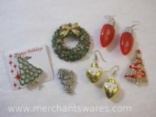 Christmas Themed Jewelry including Earrings, Pins including Weiss and More, 3oz