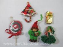 Christmas Ornaments includes Two Yarn Dolls, Knitted lollypop and Wrapped Gift, 2 oz