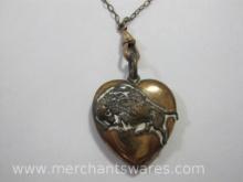 Antique Gold tone Buffalo Motif Locket with Picture, Broken Chain See Pictures