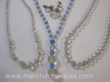 Three Cut Glass Beaded Necklaces with Set of Glass Beaded Clip On Earrings, one necklace has a
