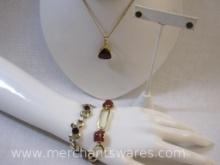 Gold Filled Red Bow Bracelet, with Gold Tone and Red Lia Sophia Earring Set, Necklace with Red