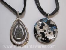 Multistrand Necklace with Fused Glass Pendant and Silvertone Pendant on Black Leather Necklace, 2oz