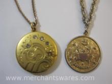 Gold Tone Necklaces, One with Locket and Pictures, and a Sarah Coventry Cancer Astrology Pendant
