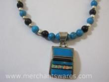 Beaded Necklace with Sterling Silver Pendant with Inlaid Opal