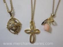 Three Necklaces, One Gold Filled with Cross Pendant, Two Gold Tone with Pendants