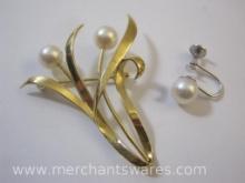 14 KT Gold Pin with Pearls and Single 14 KT Earring in White Gold, 4oz Ship Weight (in display