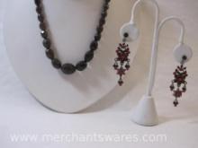 Ruby Red Dangle Flower Earrings with Red Beaded Necklace, 2oz