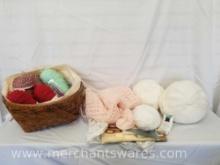 Large Handled Basket Full of Pink, White and Multicolor Yarn