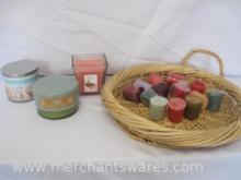 Assortment of Scented Candles, Mohagany Beechwood, Strawberry Rhubarb and More, Basket not included