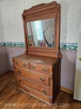 Two Piece Antique Solid Wood Dresser with Mirror and Dove Tailed Drawers