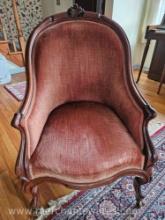 Carved Antique Armchair, Pink Velvet Upholstery, Brass Wheels 39H