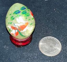 Hand Painted Green Jade Egg with Wood Stand