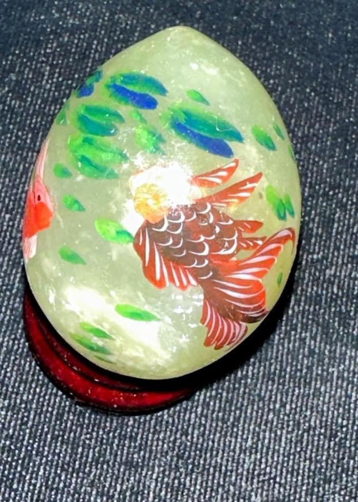 Hand Painted Green Jade Egg with Wood Stand