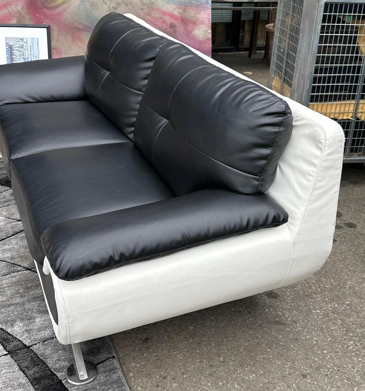 Modern Black and White Faux Leather Sofa with Chrome Legs