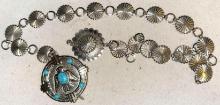 Adjustable size Faux Turquoise chain Belt Stamped "Nickel Silver Bell"
