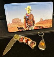 John Wayne Lot- Metal Pencil Box, Pocket knife and Keychain