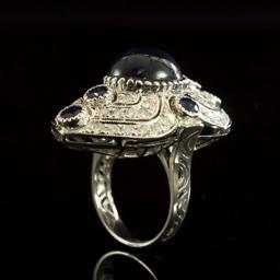 14K Gold 12.60ct Star Sapphire, 0.55ct Sapphire  1.41ct Diamond Ring