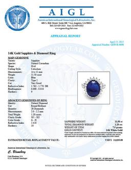 14k Gold 11.50ct Sapphire 1.20ct Diamond Ring