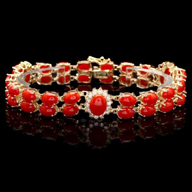 14k Gold 23.5ct Coral 1.50ct Diamond Bracelet