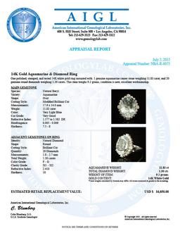 14K Gold 11.83ct Aquamarine 1.30ct Diamond Ring