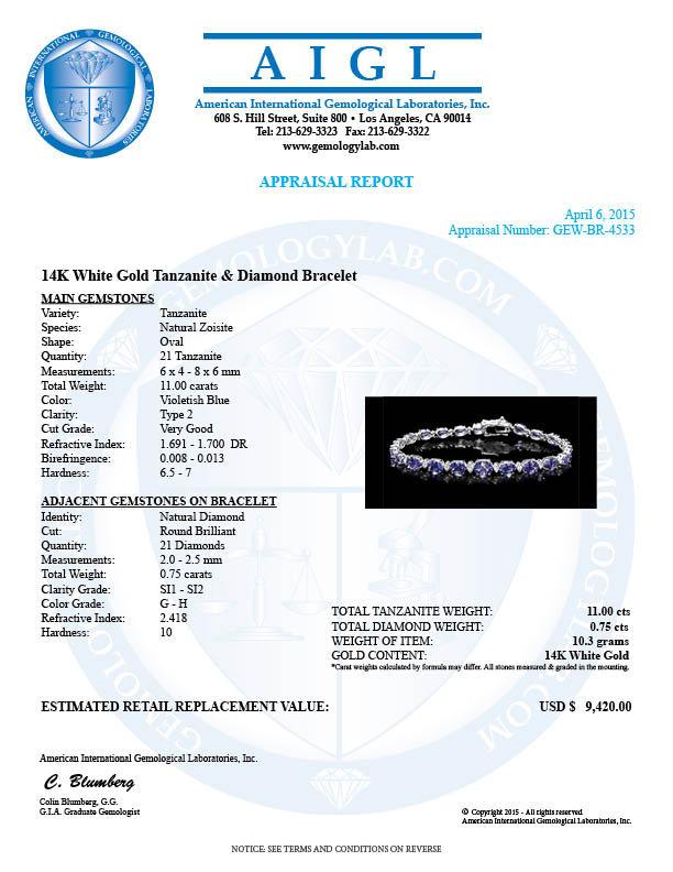 14k 11.00ct Tanzanite 0.75ct Diamond Bracelet