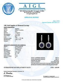 14k Gold 8.00ct Sapphire 1.80ct Diamond Earrings