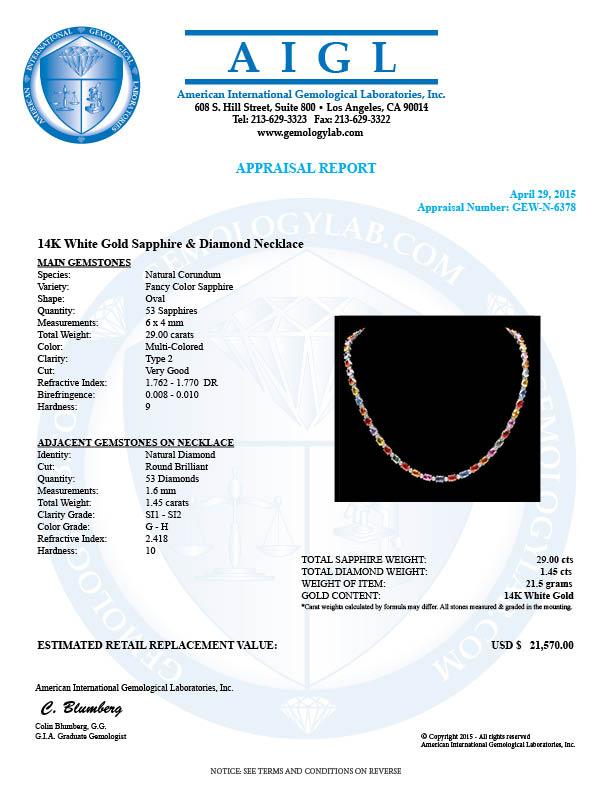 14k Gold 29ct Sapphire 1.45ct Diamond Necklace