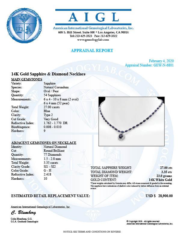 14k Gold 27ct Sapphire 3.35ct Diamond Necklace