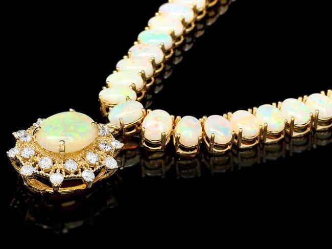 14k Yellow Gold 36ct Opal 1.00ct Diamond Necklace