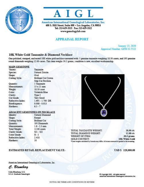 18k Gold 18.50ct Tanzanite 12ct Diamond Necklace