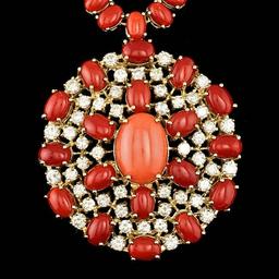 14k Gold 66ct Coral 4.40ct Diamond Necklace