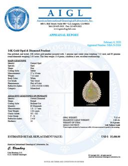 14K Gold 7.12ct Opal & 2.03ct Diamond Pendant