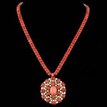 14k Gold 66ct Coral 4.40ct Diamond Necklace