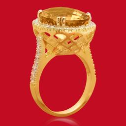 14K Gold 10.11ct Citrine 0.95ct Diamond Ring