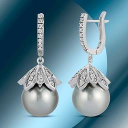 14K Gold 14mm Tahitian Pearl & 2.35cts Diamond Earrings