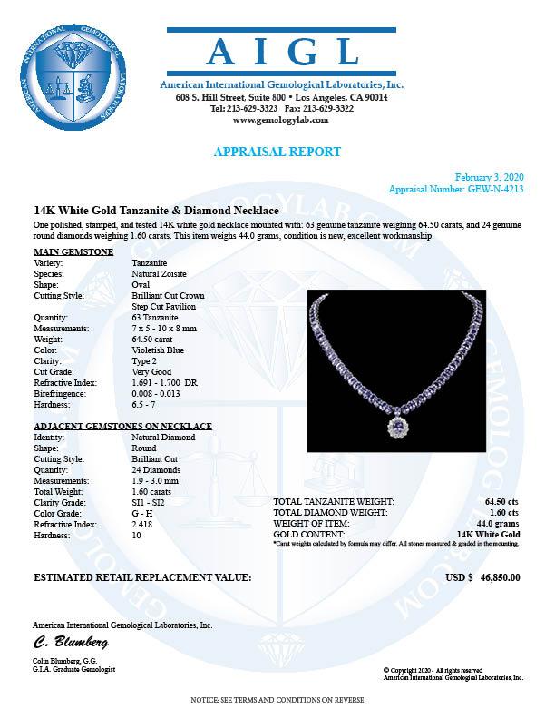 14k Gold 64.5ct Tanzanite 1.60ct Diamond Necklace