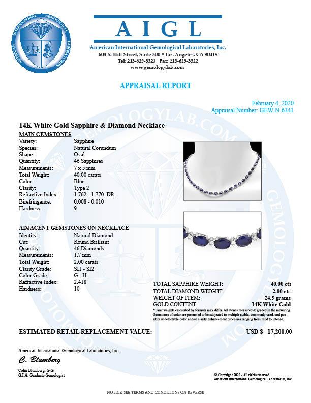 14k Gold 40ct Sapphire 2.00ct Diamond Necklace