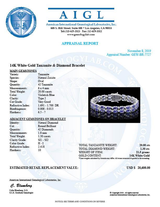 14k 20.00ct Tanzanite 1.30ct Diamond Bracelet
