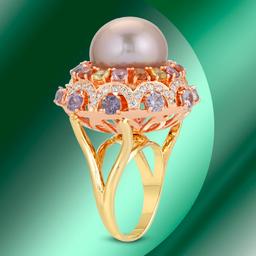 14K Gold 15mm South Sea Pearl, 6.14cts Sapphire & 1.22cts Diamond Ring