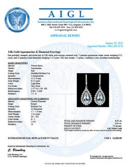 14k Gold 8.52ct Aquamarine 1.54ct Diamond Earrings