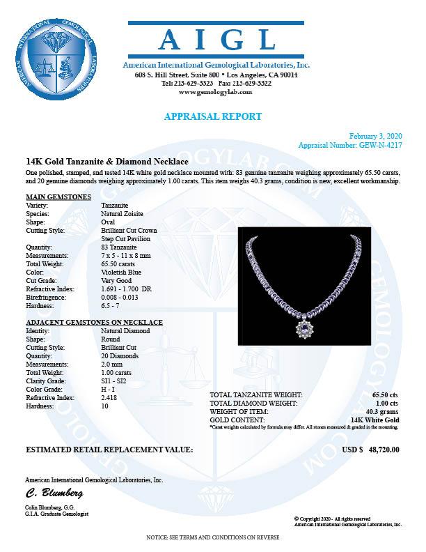 14k Gold 65.5ct Tanzanite 1.00ct Diamond Necklace