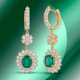 14K Gold 5.84cts Emerald & 7.02cts Diamond Earrings