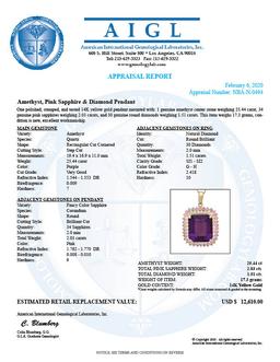 14K Gold 25.44ct Amethyst 2.03ct Sapphire 1.51ct Diamond Pendant