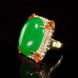 14K Gold 25.75ct Jadeite, 2.50ct Orange Sapphire 1.85ct Diamond Ring